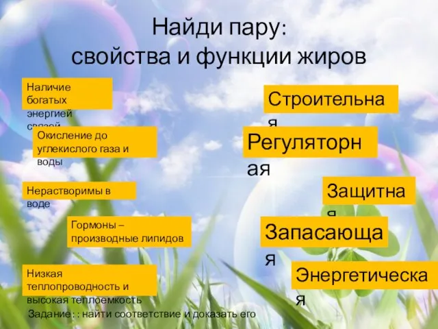 Найди пару: свойства и функции жиров Наличие богатых энергией связей Окисление до