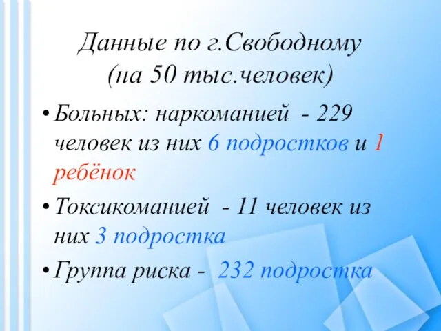 Данные по г.Свободному (на 50 тыс.человек) Больных: наркоманией - 229 человек из