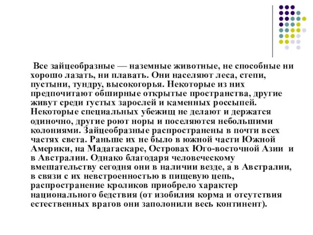 Все зайцеобразные — наземные животные, не способные ни хорошо лазать, ни плавать.