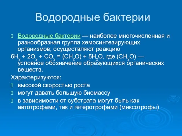 Водородные бактерии Водородные бактерии — наиболее многочисленная и разнообразная группа хемосинтезирующих организмов;