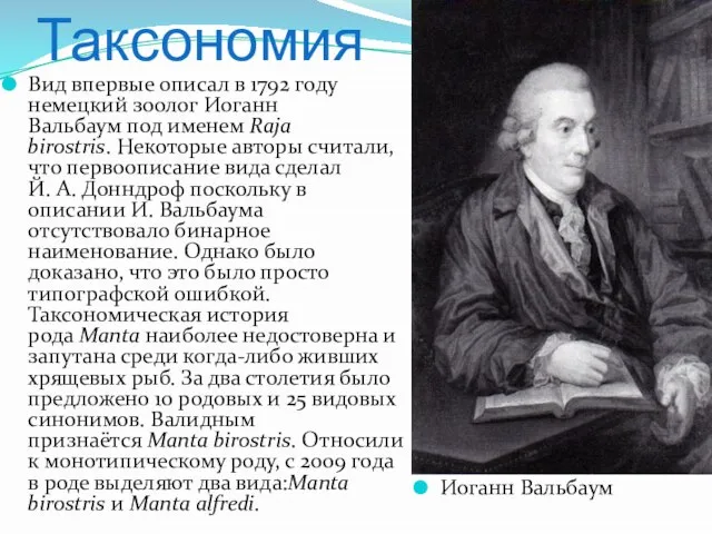 Таксономия Вид впервые описал в 1792 году немецкий зоолог Иоганн Вальбаум под