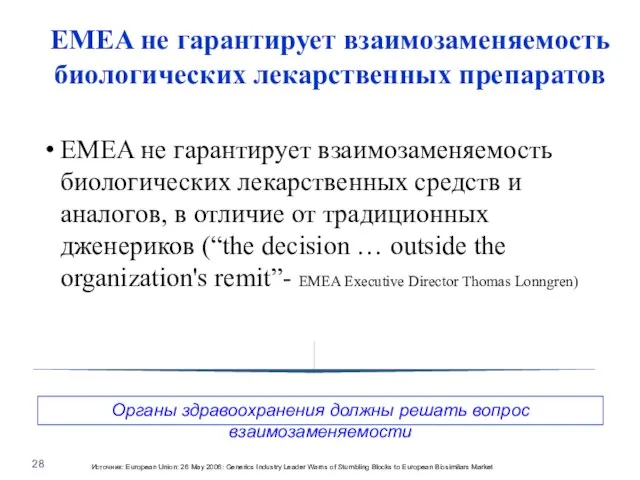 EMEA не гарантирует взаимозаменяемость биологических лекарственных препаратов EMEA не гарантирует взаимозаменяемость биологических