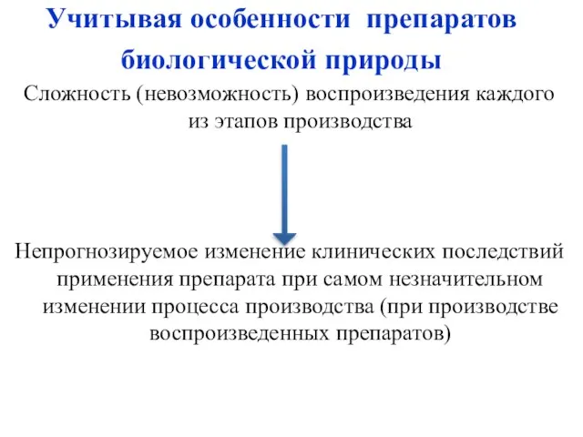 Учитывая особенности препаратов биологической природы Сложность (невозможность) воспроизведения каждого из этапов производства