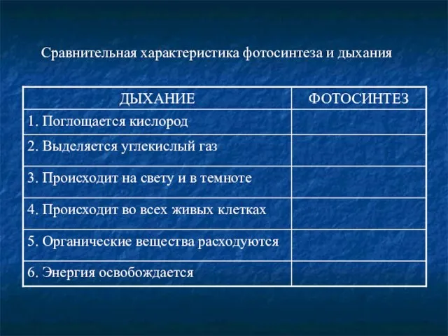 Сравнительная характеристика фотосинтеза и дыхания