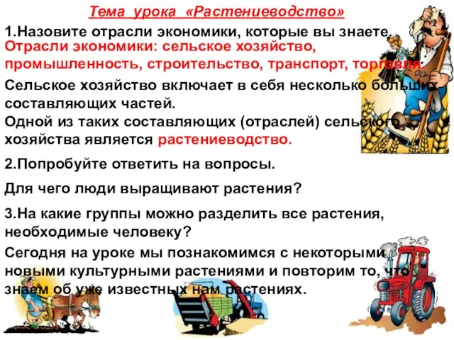 1.Назовите отрасли экономики, которые вы знаете. 2.Попробуйте ответить на вопросы. Отрасли экономики: