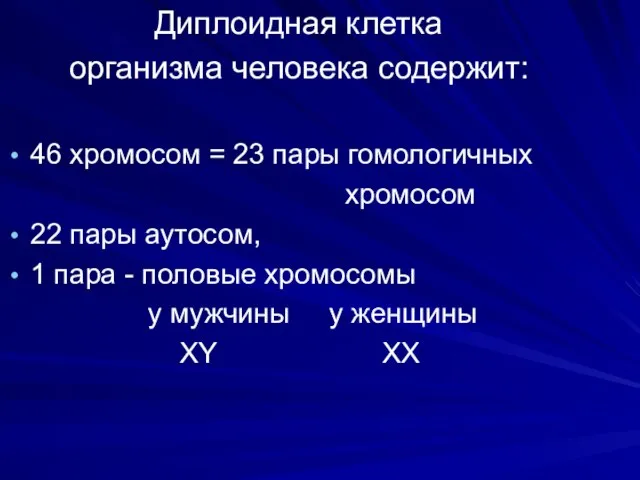 Диплоидная клетка организма человека содержит: 46 хромосом = 23 пары гомологичных хромосом