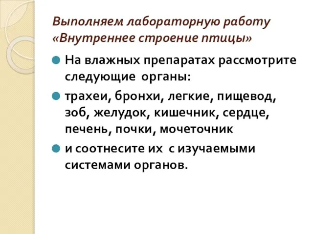 Выполняем лабораторную работу «Внутреннее строение птицы» На влажных препаратах рассмотрите следующие органы: