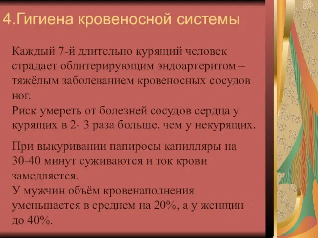 4.Гигиена кровеносной системы Каждый 7-й длительно курящий человек страдает облитерирующим эндоартеритом –