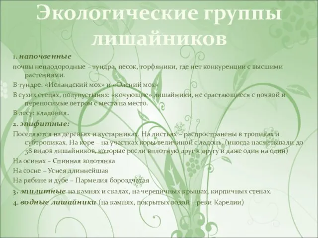 Экологические группы лишайников 1. напочвенные почвы неплодородные – тундра, песок, торфяники, где