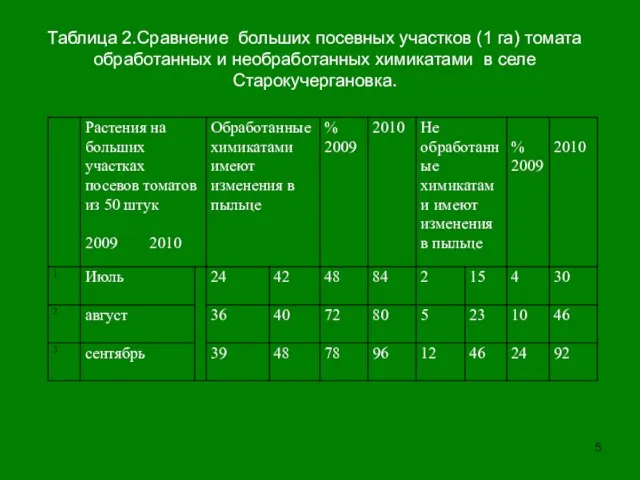 Таблица 2.Сравнение больших посевных участков (1 га) томата обработанных и необработанных химикатами в селе Старокучергановка.