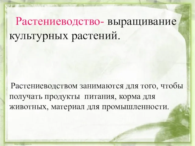 Растениеводство- выращивание культурных растений. Растениеводством занимаются для того, чтобы получать продукты питания,