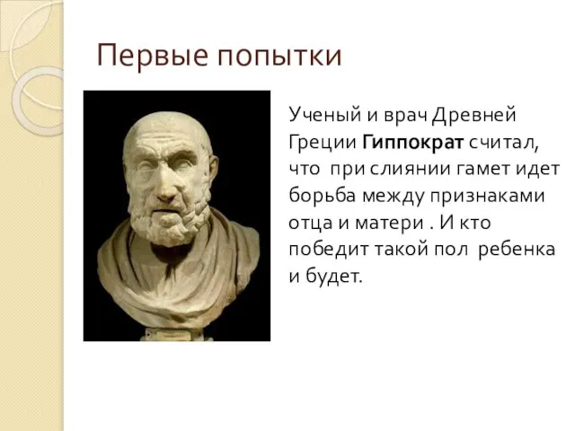 Первые попытки Ученый и врач Древней Греции Гиппократ считал, что при слиянии