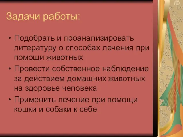 Задачи работы: Подобрать и проанализировать литературу о способах лечения при помощи животных