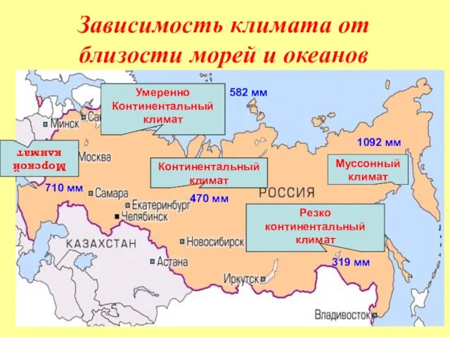 Зависимость климата от близости морей и океанов Морской климат Умеренно Континентальный климат