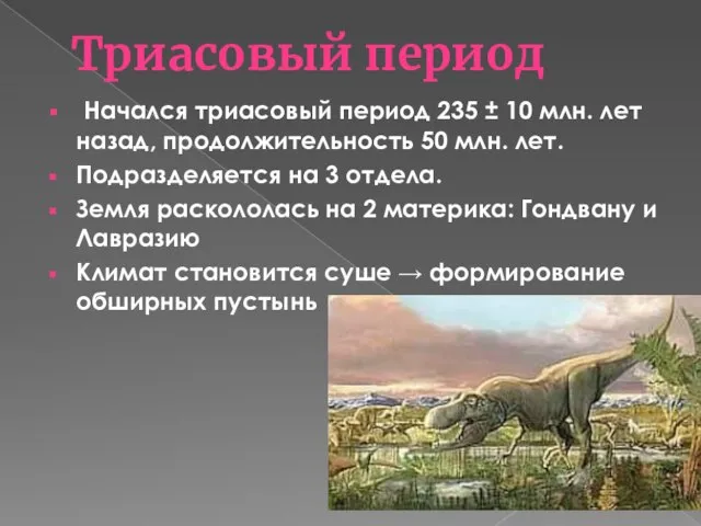 Триасовый период Начался триасовый период 235 ± 10 млн. лет назад, продолжительность