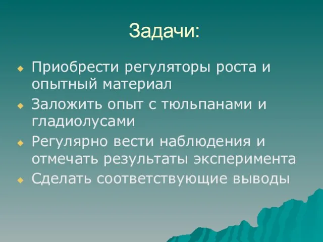 Задачи: Приобрести регуляторы роста и опытный материал Заложить опыт с тюльпанами и