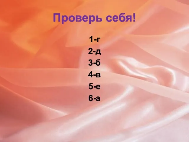 Проверь себя! 1-г 2-д 3-б 4-в 5-е 6-а