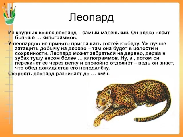 Леопард Из крупных кошек леопард – самый маленький. Он редко весит больше