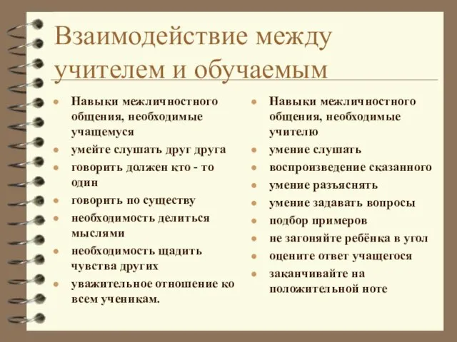 Взаимодействие между учителем и обучаемым Навыки межличностного общения, необходимые учащемуся умейте слушать