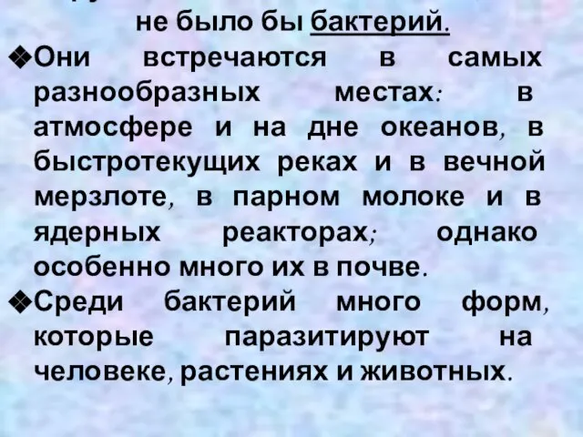 Трудно найти место на Земле, где не было бы бактерий. Они встречаются