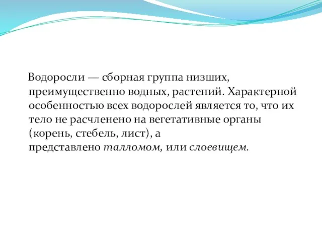 Водоросли — сборная группа низших, преимущественно водных, растений. Характерной особенностью всех водорослей