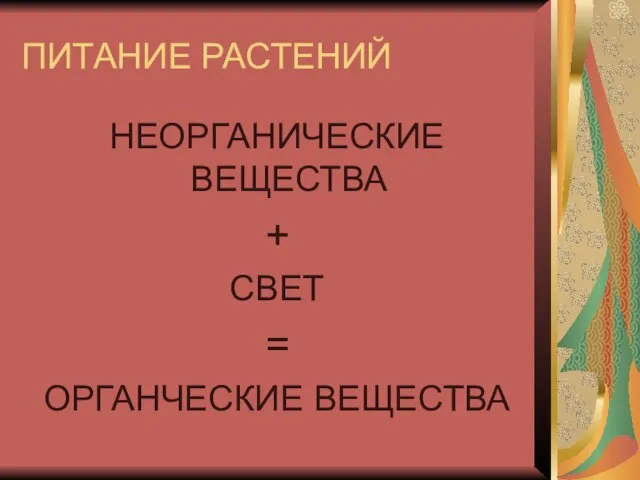 ПИТАНИЕ РАСТЕНИЙ НЕОРГАНИЧЕСКИЕ ВЕЩЕСТВА + СВЕТ = ОРГАНЧЕСКИЕ ВЕЩЕСТВА