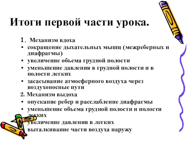 Итоги первой части урока. 1. Механизм вдоха сокращение дыхательных мышц (межреберных и