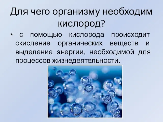 Для чего организму необходим кислород? с помощью кислорода происходит окисление органических веществ