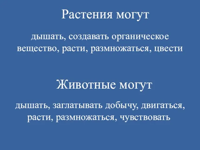 дышать, создавать органическое вещество, расти, размножаться, цвести Растения могут Животные могут дышать,