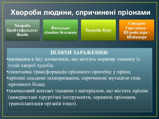 Хвороби людини, спричинені пріонами ШЛЯХИ ЗАРАЖЕННЯ: вживання в їжу яловичини, що містить