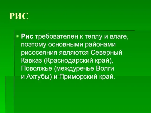 РИС Рис требователен к теплу и влаге, поэтому основными районами рисосеяния являются