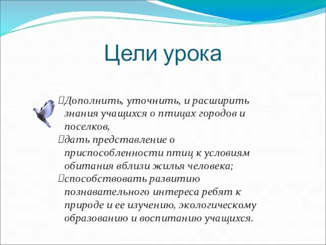 Цели урока Дополнить, уточнить, и расширить знания учащихся о птицах городов и