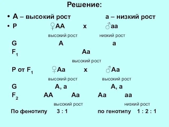 Решение: А – высокий рост а – низкий рост Р ♀АА x