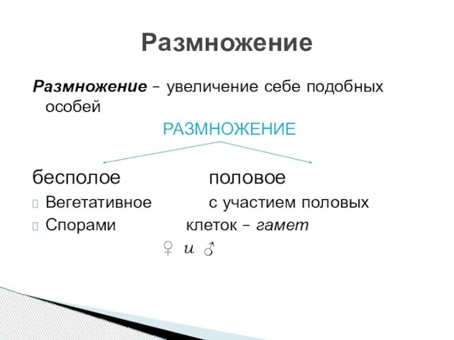 Размножение – увеличение себе подобных особей РАЗМНОЖЕНИЕ бесполое половое Вегетативное с участием