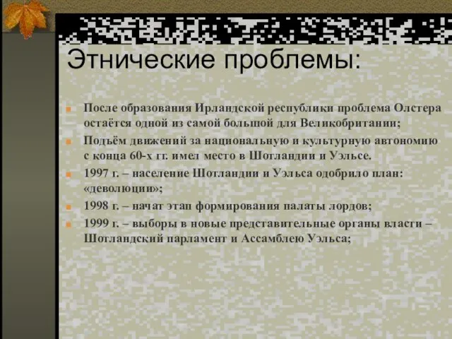 Этнические проблемы: После образования Ирландской республики проблема Олстера остаётся одной из самой