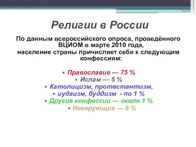 Религии в России По данным всероссийского опроса, проведённого ВЦИОМ в марте 2010