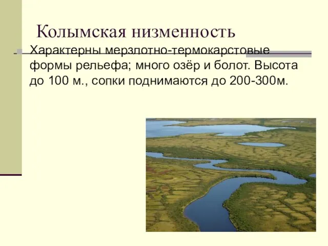 Колымская низменность Характерны мерзлотно-термокарстовые формы рельефа; много озёр и болот. Высота до