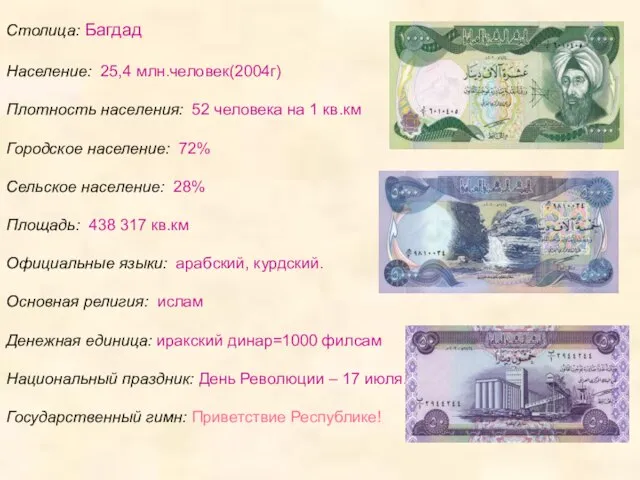 Столица: Багдад Население: 25,4 млн.человек(2004г) Плотность населения: 52 человека на 1 кв.км