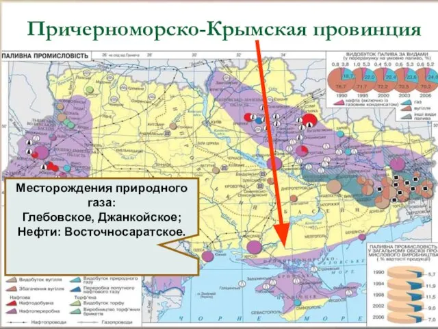 Причерноморско-Крымская провинция Месторождения природного газа: Глебовское, Джанкойское; Нефти: Восточносаратское.