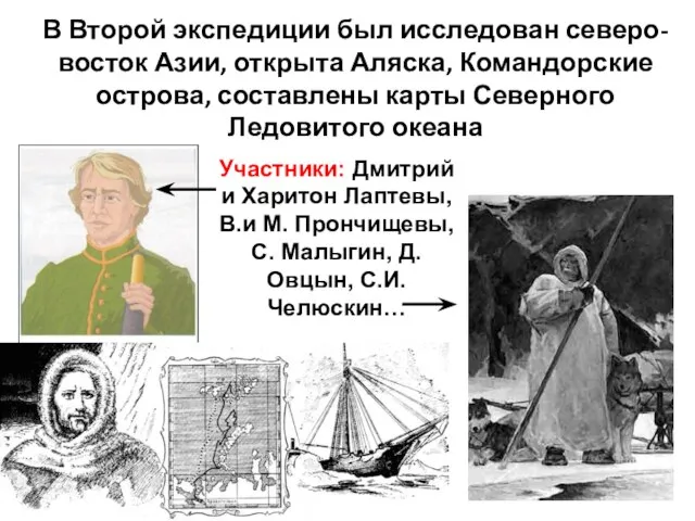 В Второй экспедиции был исследован северо-восток Азии, открыта Аляска, Командорские острова, составлены