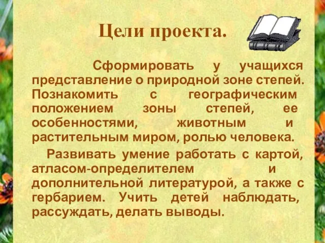 Цели проекта. Сформировать у учащихся представление о природной зоне степей. Познакомить с