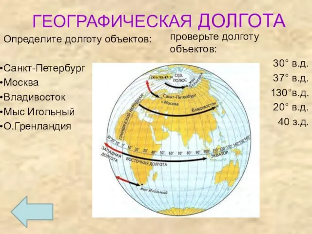 Определите долготу объектов: Санкт-Петербург Москва Владивосток Мыс Игольный О.Гренландия ГЕОГРАФИЧЕСКАЯ ДОЛГОТА проверьте