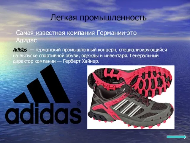 Легкая промышленность Adidas — германский промышленный концерн, специализирующийся на выпуске спортивной обуви,