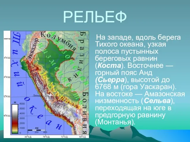 РЕЛЬЕФ На западе, вдоль берега Тихого океана, узкая полоса пустынных береговых равнин