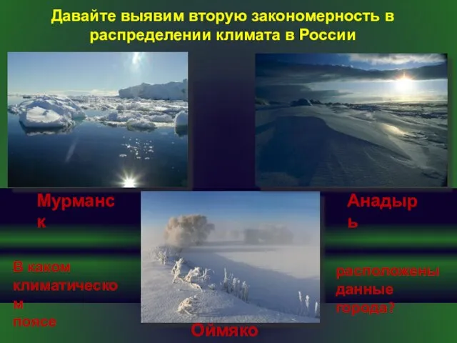 Мурманск Оймякон Анадырь В каком климатическом поясе расположены данные города? Давайте выявим