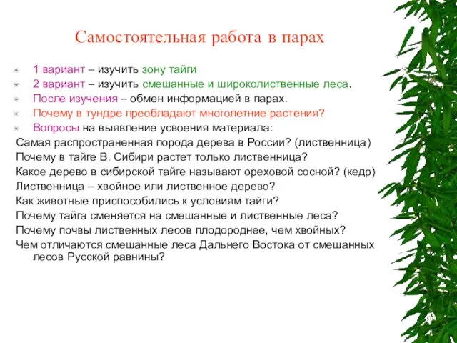 Самостоятельная работа в парах 1 вариант – изучить зону тайги 2 вариант