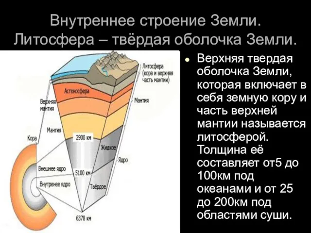 Внутреннее строение Земли. Литосфера – твёрдая оболочка Земли. Верхняя твердая оболочка Земли,