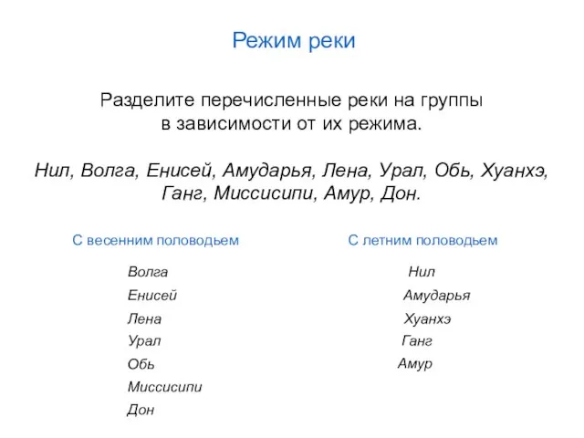 Разделите перечисленные реки на группы в зависимости от их режима. Нил, Волга,