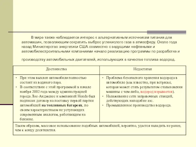 В мире также наблюдается интерес к альтернативным источникам питания для автомашин, позволяющим