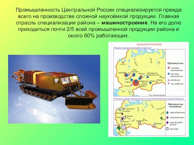 Промышленность Центральной России специализируется прежде всего на производстве сложной наукоёмкой продукции. Главная